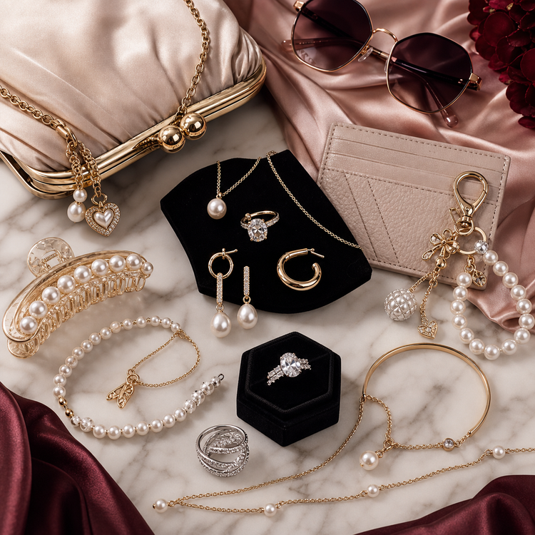 Swanollia The Luxe Edit premium jewelry and accessories collection with pearl earrings, 925 silver rings, gold-tone necklaces, bracelets and elegant bags