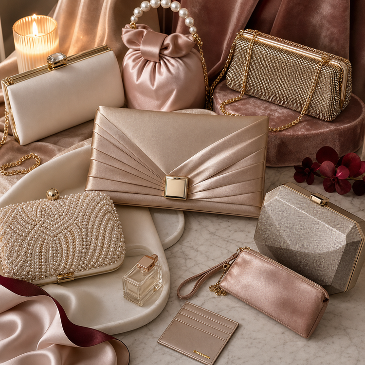 Swanollia evening bags collection with elegant clutches, satin mini bags, party bags, chain bags, beaded details and formal carry styles