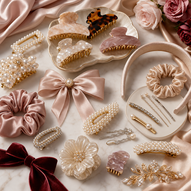 Swanollia hair accessories collection with hair clips, hair claws, headbands, scrunchies, bows and pearl women’s accessories