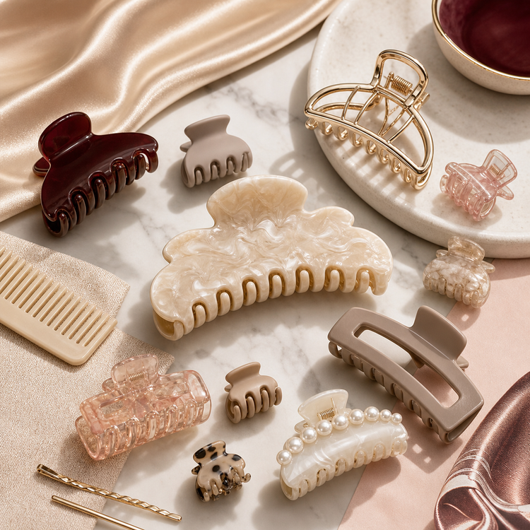 Swanollia Hair Claws collection with large claw clips, mini claw clips, acetate hair claws, metal clips and pearl-detail hair accessories