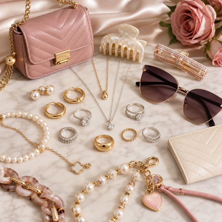Swanollia best sellers collection with pearl earrings, necklaces, rings, bracelets, bags and elegant fashion accessories