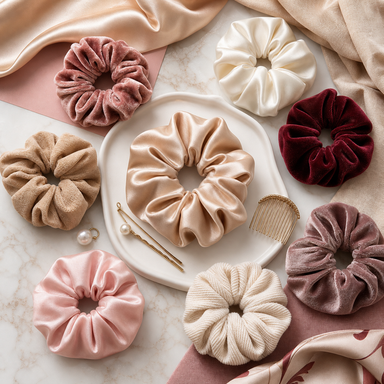 Swanollia Scrunchies collection with satin scrunchies, velvet hair ties, silk-look scrunchies, soft fabric scrunchies and everyday hair accessories