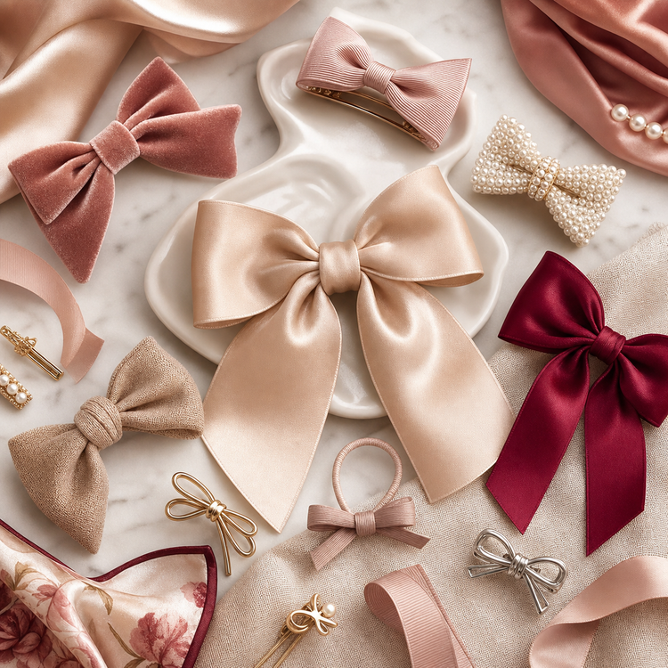 Swanollia Bows collection with satin hair bows, velvet bows, ribbon clips, bow barrettes, bow hair ties and soft everyday hair accessories
