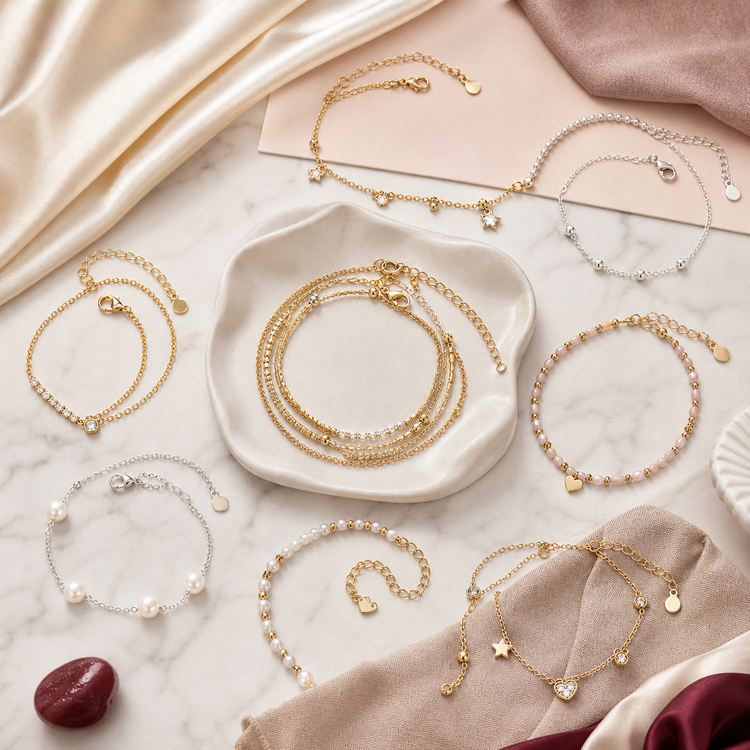 Swanollia Anklets collection with chain anklets, beaded ankle bracelets, pearl anklets, charm anklets, gold anklets and silver anklets