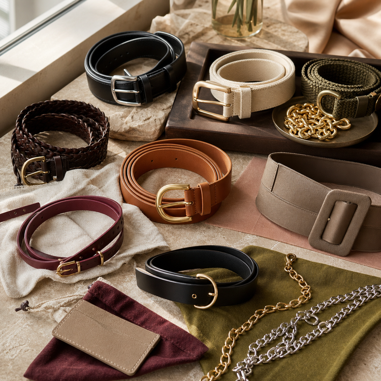 Swanollia Belts collection with leather-look belts, chain belts, waist belts, buckle belts, woven belts, braided belts and everyday outfit accessories