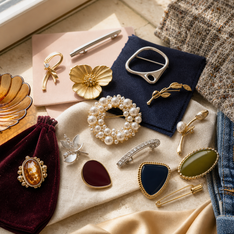 Swanollia Brooches collection with pearl brooches, floral pins, enamel pins, metal brooches, scarf pins, jacket pins and statement accessories