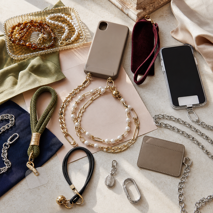 Swanollia Phone Chains collection with crossbody phone straps, beaded phone chains, pearl straps, metal chains, phone lanyards and clip-on charms