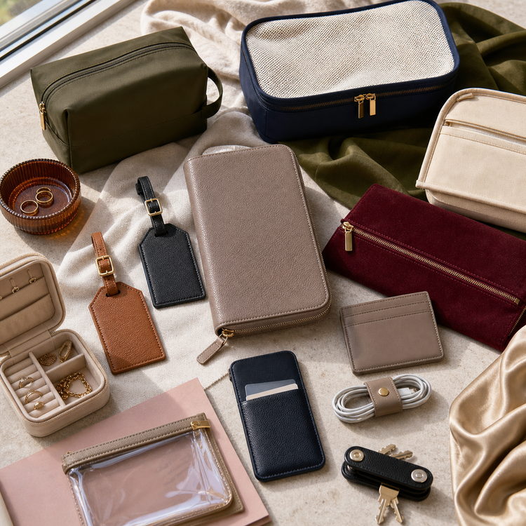 Swanollia Travel Accessories collection with travel organizers, passport holders, luggage tags, toiletry pouches, jewelry cases, card holders and compact carry essentials