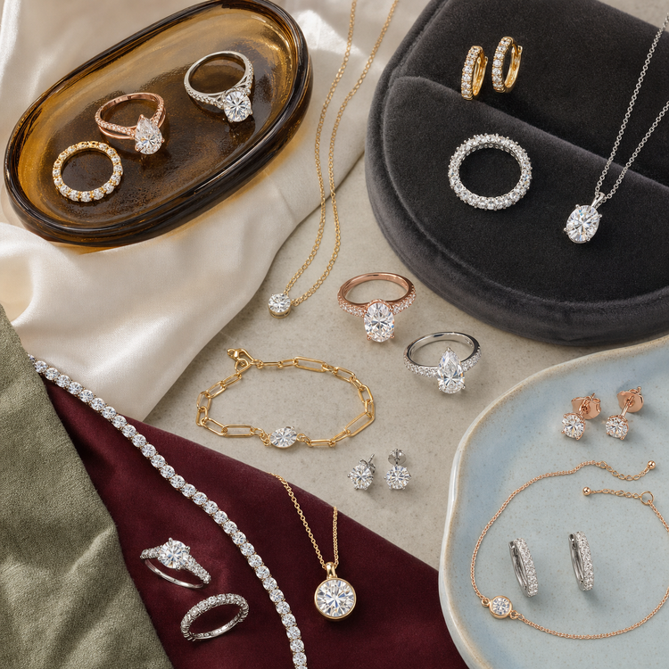 Swanollia Moissanite Jewelry collection with sparkling moissanite rings, earrings, necklaces, bracelets and refined silver and gold settings