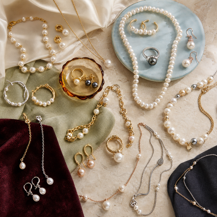 Swanollia Pearl Jewelry collection with pearl earrings, necklaces, bracelets, rings, anklets and soft gold and silver accents