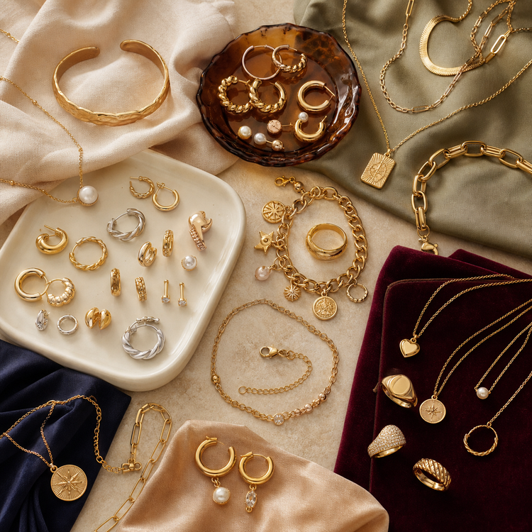 Swanollia Gold Plated Jewelry collection with gold plated earrings, rings, necklaces, bracelets, anklets, charms and pearl accents