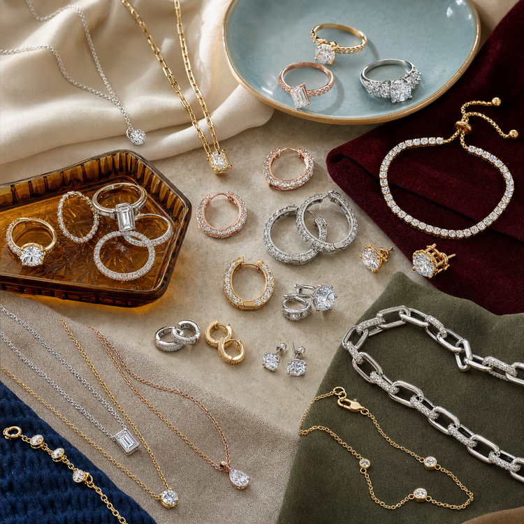Swanollia Cubic Zirconia Jewelry collection with CZ rings, earrings, necklaces, bracelets, layered chains and clear stone sparkle