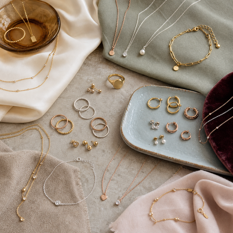 Swanollia Dainty Jewelry collection with delicate rings, fine necklaces, small earrings, slim bracelets and minimalist layered chains