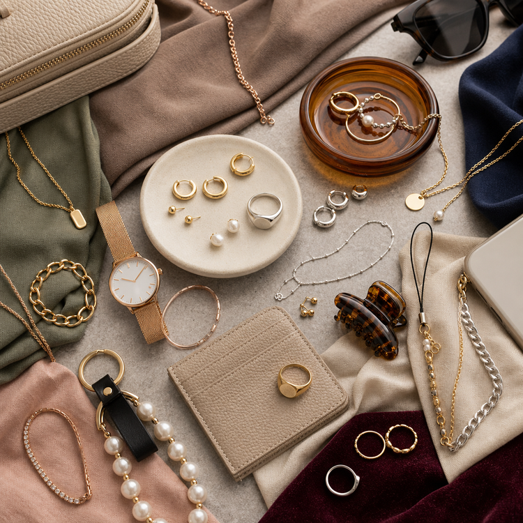 Swanollia Everyday Jewelry and Accessories collection with daily earrings, rings, necklaces, bracelets, watch, card holder, hair clip and phone accessories
