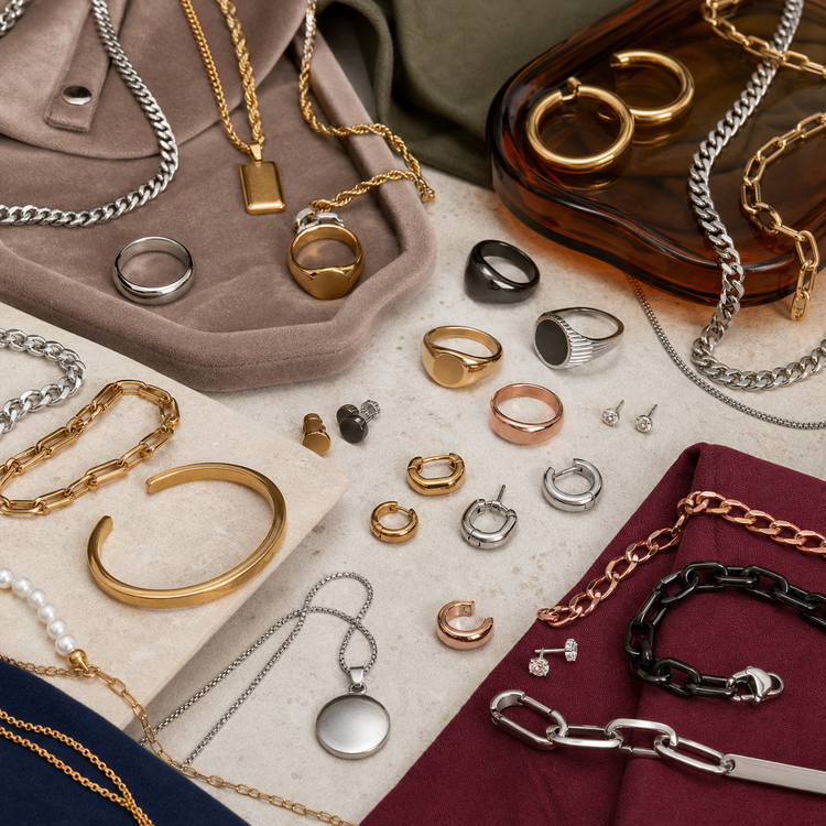 Swanollia Stainless Steel Jewelry collection with stainless steel rings, necklaces, bracelets, earrings, anklets, chain jewelry and gold and silver tones