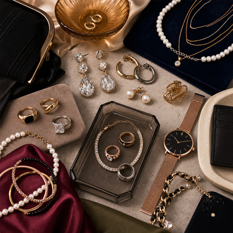 Swanollia Date Night Jewelry and Accessories collection with statement earrings, layered necklaces, rings, bracelets, watch, clutch, pearls and crystal details