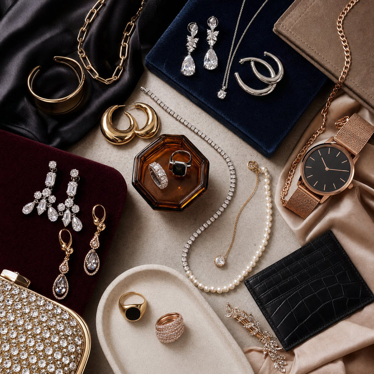 Swanollia Evening Jewelry and Accessories collection with statement earrings, necklaces, bracelets, rings, watch, clutch, pearls and crystal details