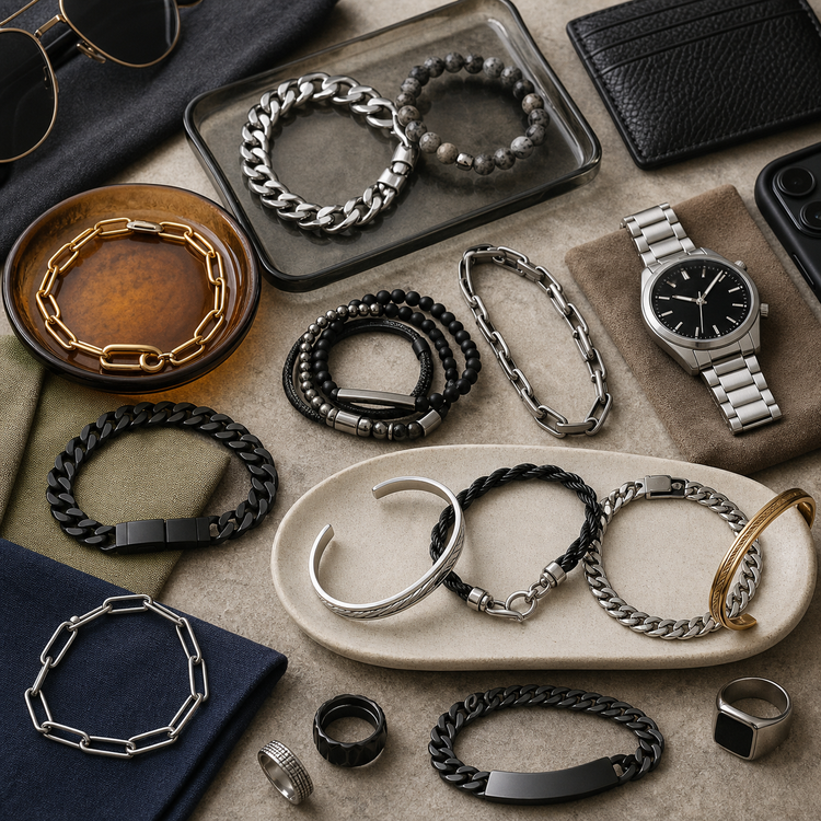 Swanollia Men’s Bracelets collection with chain bracelets, cuff bracelets, beaded bracelets, stainless steel bracelets and silver, gold, black and gunmetal finishes