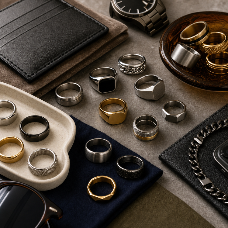 Swanollia Men’s Rings collection with signet rings, band rings, stainless steel rings, black enamel rings and silver, gold and gunmetal finishes