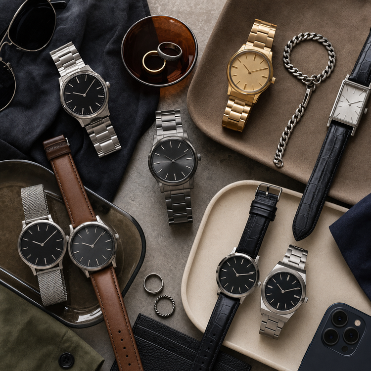 Swanollia Men’s Watches collection with stainless steel watches, leather strap watches, mesh strap watches, black dial watches and silver, gold and gunmetal finishes
