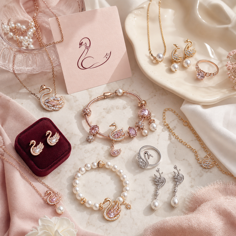 Swanollia Swan Studio collection with swan necklace, bracelet, earrings, pearl accents, soft pink and white tones and signature swan-inspired jewelry
