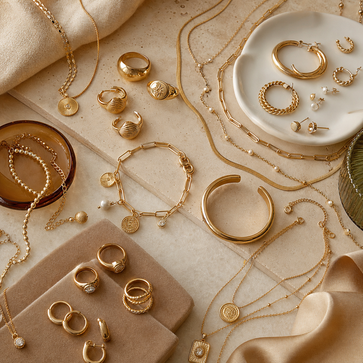 Swanollia Warm Gold Jewelry collection with gold-tone rings, earrings, necklaces, bracelets, anklets, layered chains and soft pearl accents