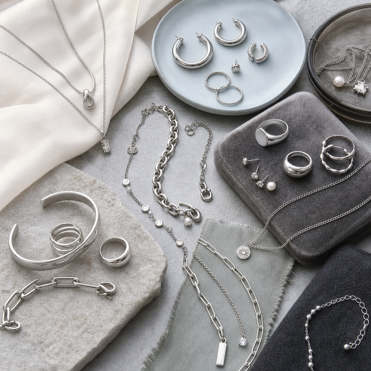 Swanollia Silver Tone Jewelry collection with silver-tone rings, earrings, necklaces, bracelets, anklets, layered chains and pearl accents