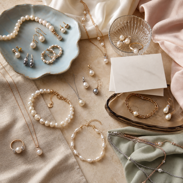 Swanollia Pearl Story collection with pearl earrings, necklaces, bracelets, rings, anklets, layered chains and ivory, champagne, silver and gold accents