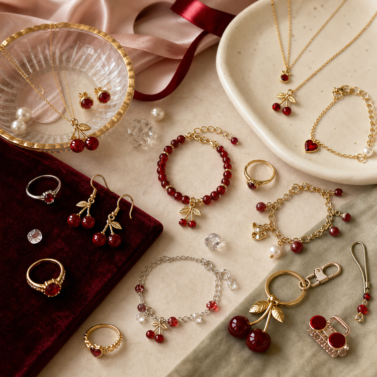 Swanollia Cherry Accent collection with red earrings, cherry charm necklaces, bracelets, rings, bag charms and cherry red jewelry accents