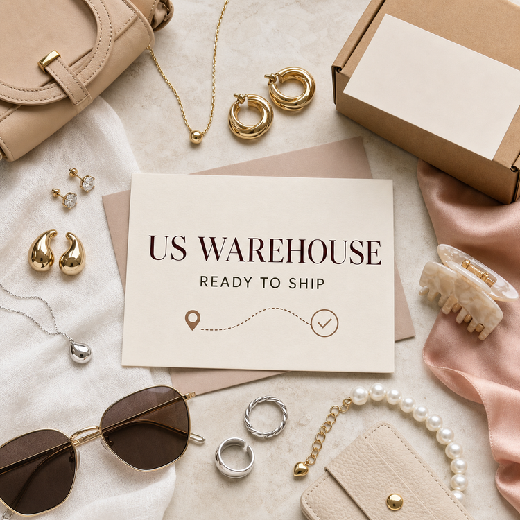 US Warehouse collection with jewelry, bags, accessories, packing details, tracking card and boutique fulfillment styling