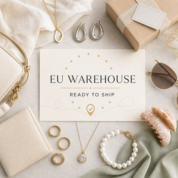 EU Warehouse collection with jewelry, bags, accessories, packing details, tracking card and Europe-based boutique fulfillment styling