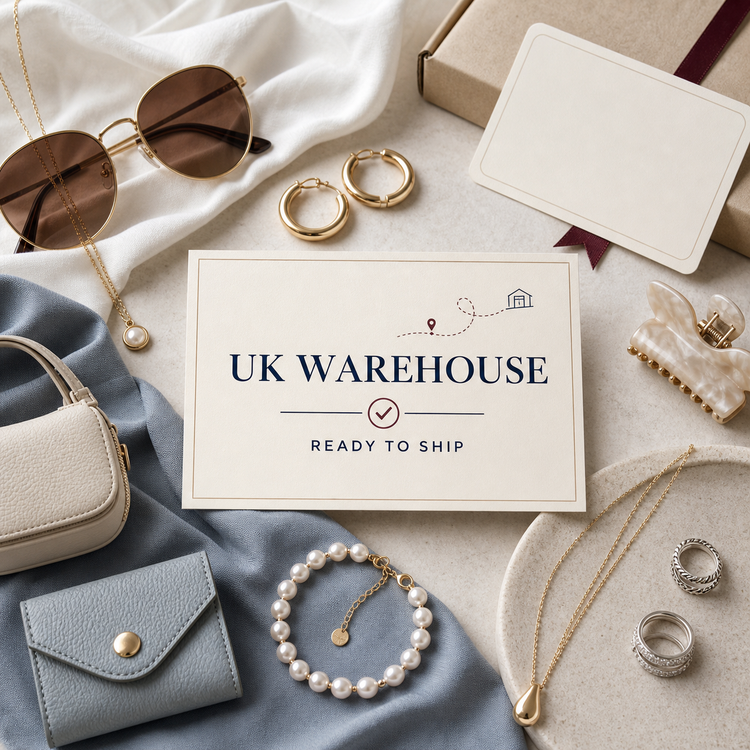 UK Warehouse collection with jewelry, bags, accessories, packing details, tracking card and UK-based boutique fulfillment styling