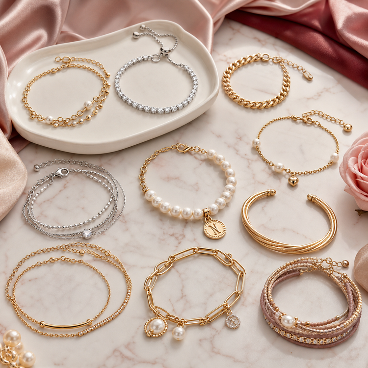 Swanollia bracelets collection with pearl bracelets, gold-tone chains, silver bracelets, charm bracelets and elegant women’s jewelry