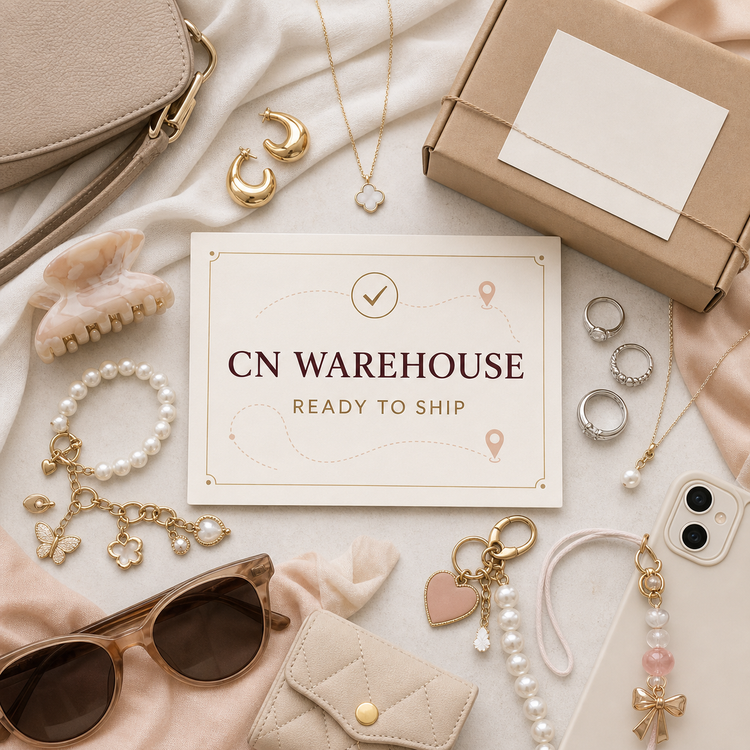 CN Warehouse collection with jewelry, bags, accessories, packing details, tracking card and supplier-connected boutique fulfillment styling