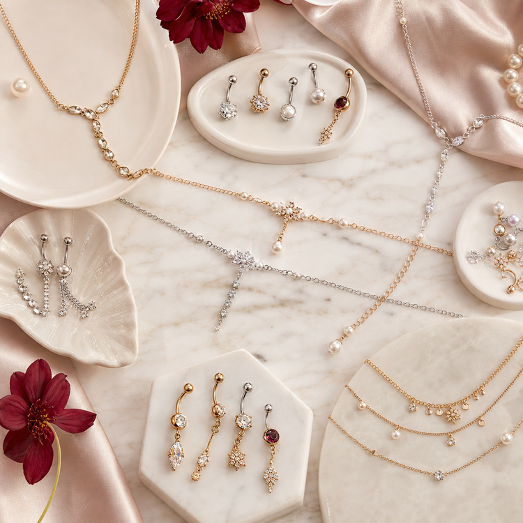 Swanollia body jewelry collection with belly rings, body chains, waist chains, anklets and gold-tone and silver-tone styles