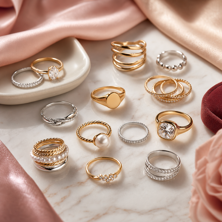 Swanollia rings collection with stacking rings, gold-tone rings, silver rings, pearl rings and sparkling women’s jewelry