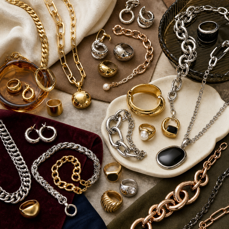 Swanollia Chunky Jewelry collection with bold rings, statement chains, hoop earrings, thick bracelets, cuffs and mixed metal finishes