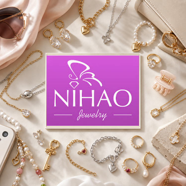 Nihao Jewelry brand edit with center logo-style card surrounded by earrings, necklaces, bracelets, rings, charms, hair accessories and polished accessories