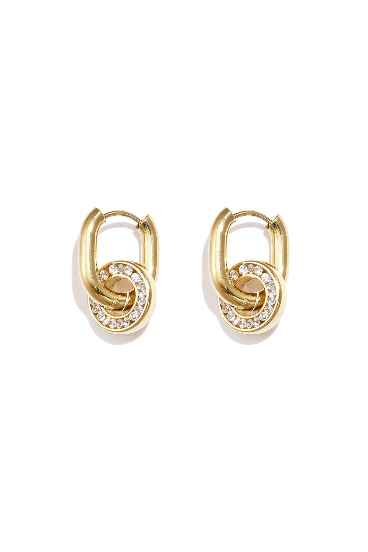 Silver zircon circle drop earrings close-up with polished minimalist silhouette