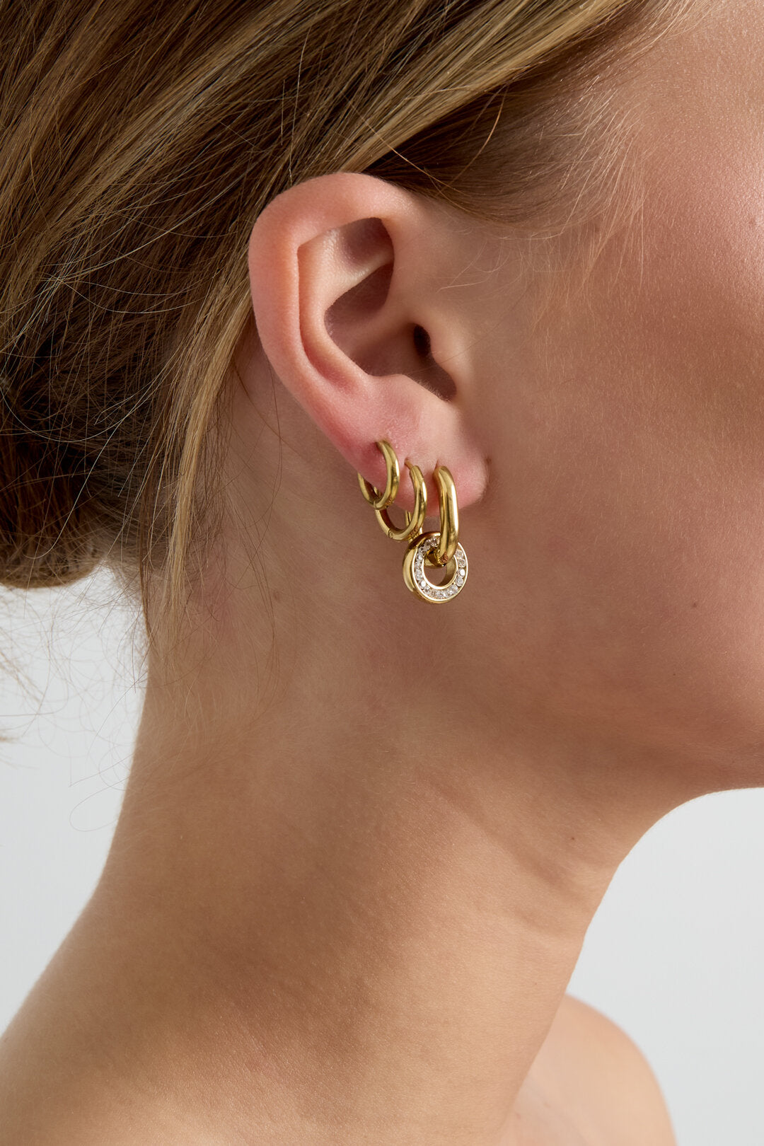 Gold zircon circle drop earrings with stainless steel finish for everyday styling